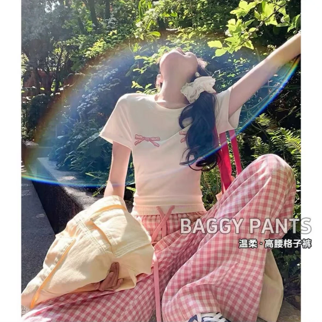 【春夏六色】格子裤女2025新款高腰宽松山本裤直筒复古阔腿裤薄