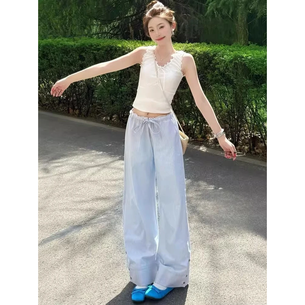 韩系蓝色条纹休闲裤女小个子长裤夏季设计感松紧腰慵懒阔腿拖地裤