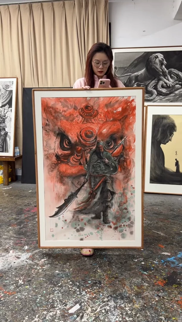 【闪购商品】丙烯画画江湖老师醒狮关羽精装裱