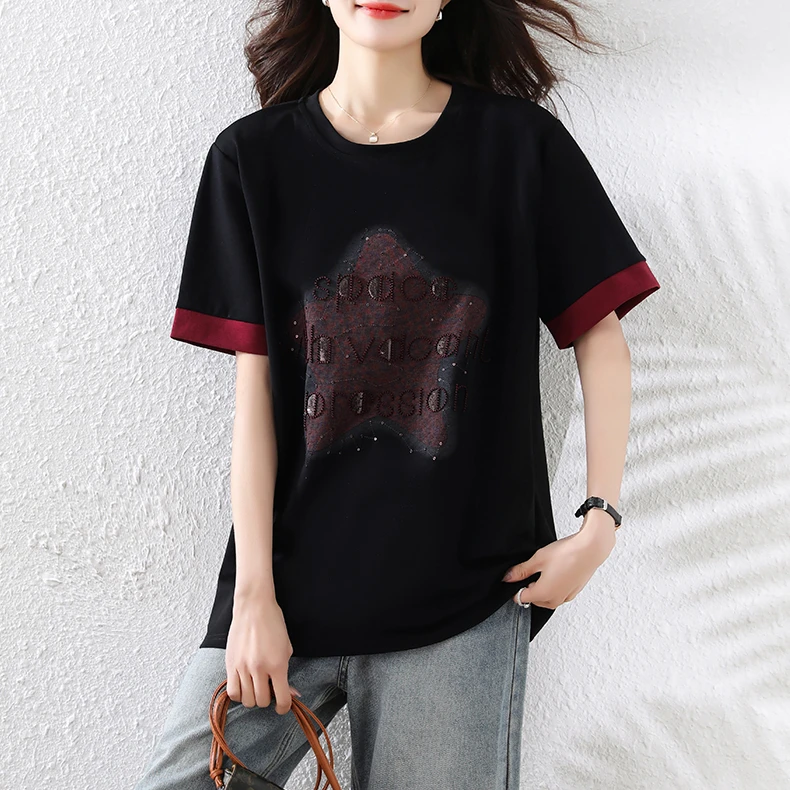 2025夏季新款时尚休闲印花短袖T恤大码微胖洋气宽松显瘦百搭上衣