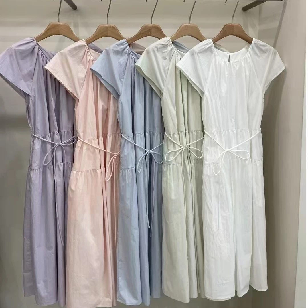 多巴胺系简约风圆领气质百搭夏季连衣裙(配腰绳)宽松中长款收腰