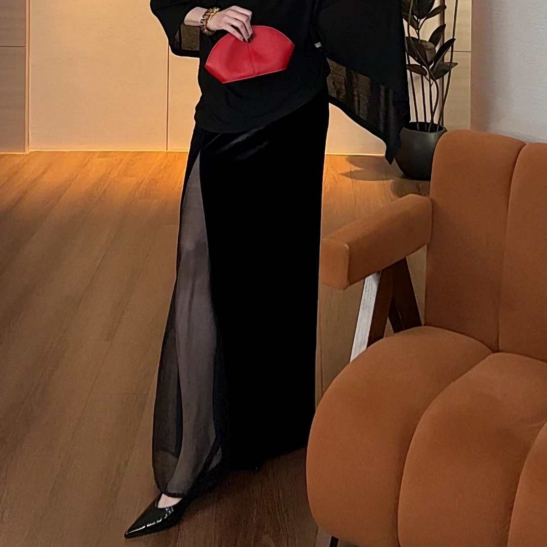 紫紫 摩登裙 复古优雅垂感设计感网纱拼接丝绒半身裙 ZD02BZYL126