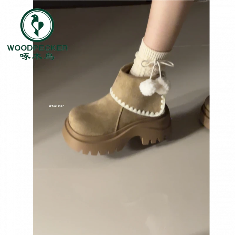 啄木鸟复古绒面厚底马丁靴女2025秋冬季新款百搭显瘦休闲勃肯短靴