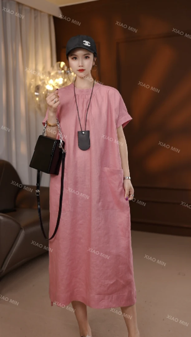 小敏2025夏季新款欧韩时尚宽松显瘦纯亚麻气质连衣裙女2508