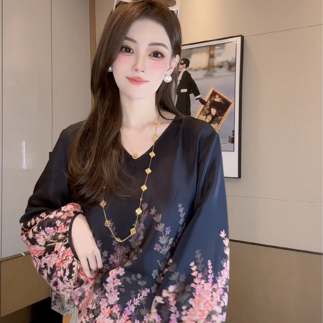 【丝芙玉禄】（F540）100%真丝双绉创意拼色碎花印花桑蚕丝t恤上衣