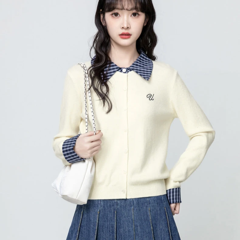 气质翻领格子拼接假两件针织衫韩系秋休闲宽松开衫女春秋长袖百搭