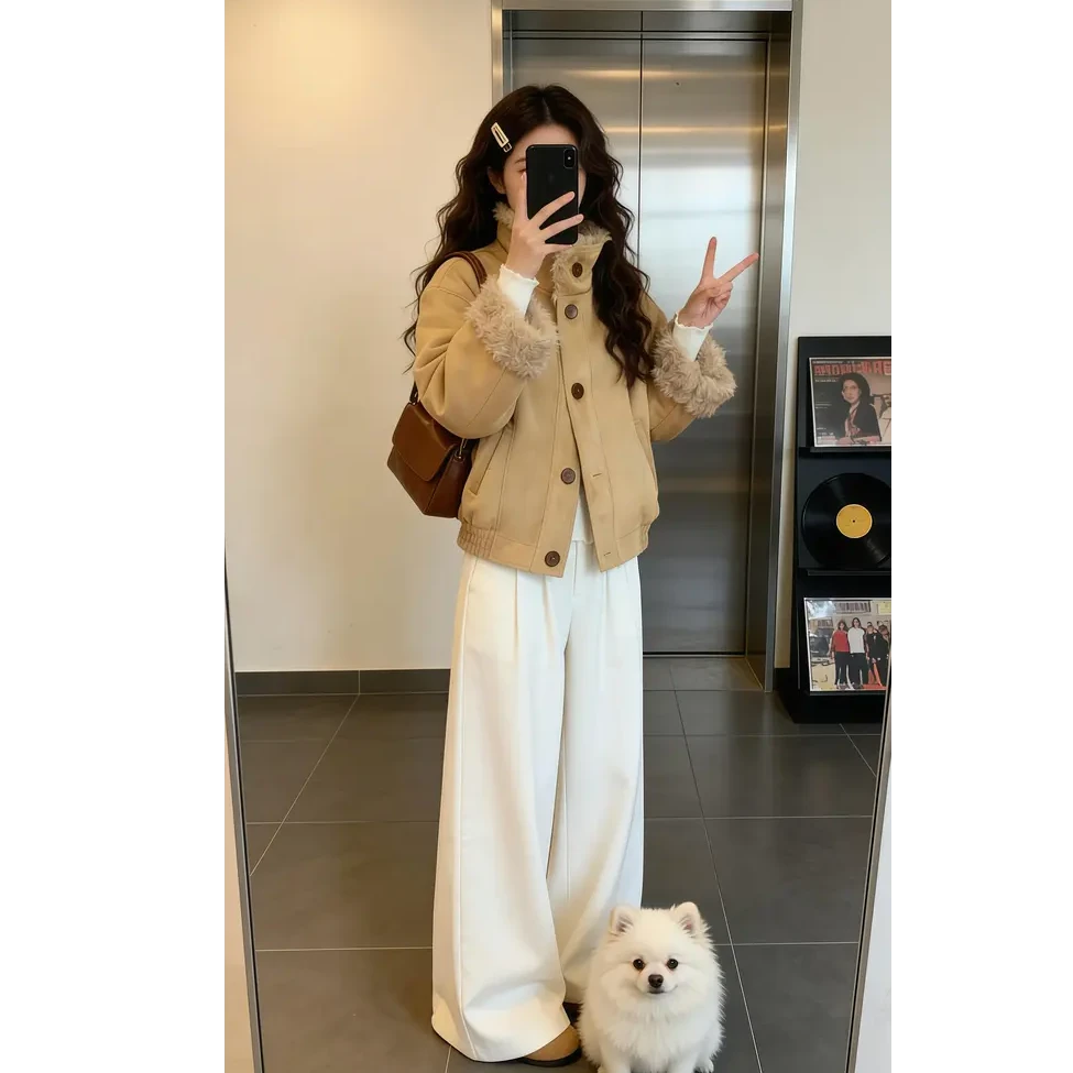 冬季慵懒风宽松短外套高级感复古保暖环保毛毛卡其色氛围感棉服女