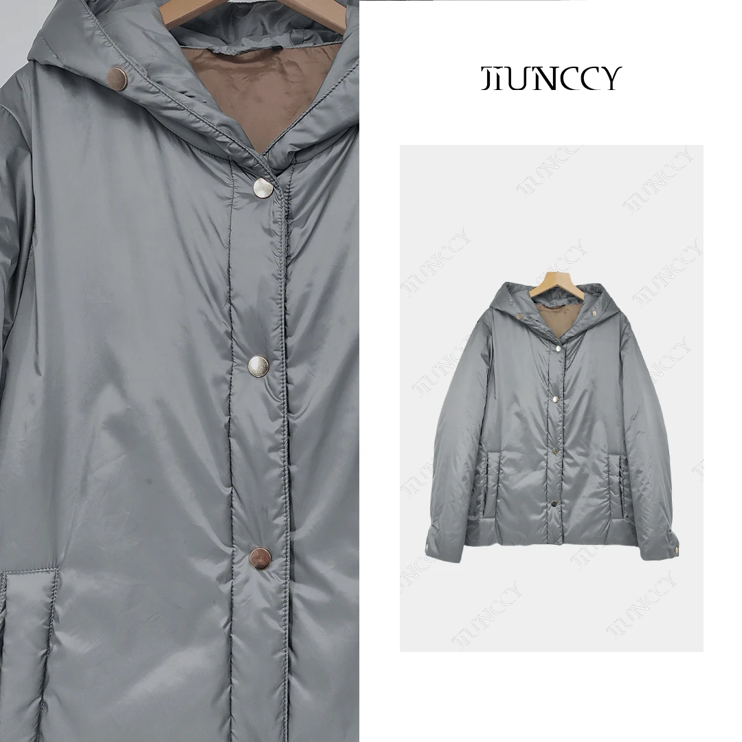 JIUNCCY【月辉】撞色金属扣休闲连帽填充棉保暖棉服外套 42WT121