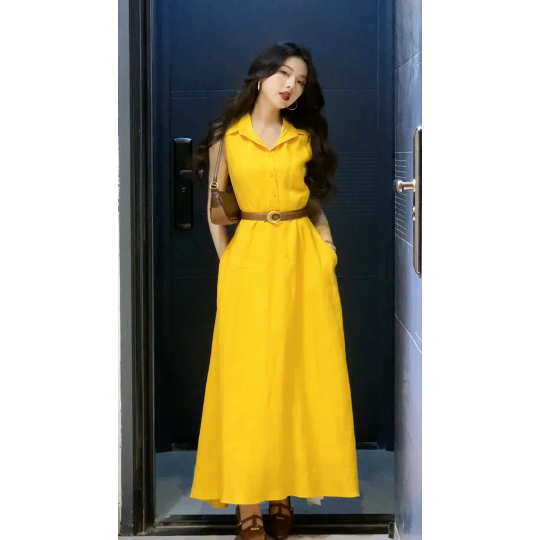 MARIE.COCO夏季大方得体长裙韩系chic别致修身显瘦黄色无袖连衣裙