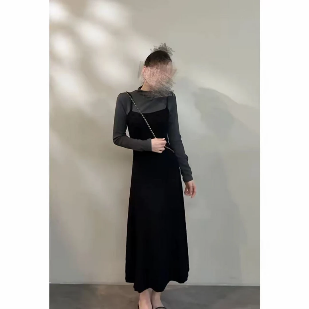 韩国小镇~秋季假俩件半高领长袖针织连衣裙显瘦气质感贵系长裙