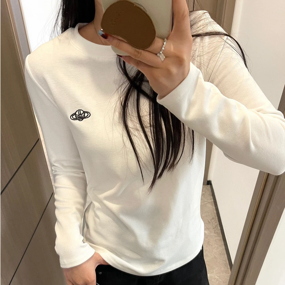 【黑雯服饰】星球刺绣简约圆领拉绒长袖舒适透视设计小众打底衫T恤