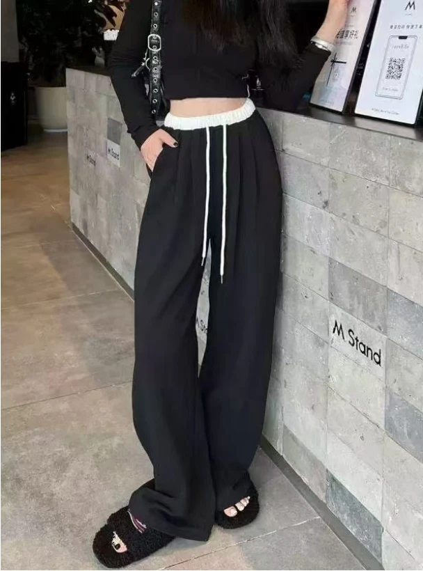 110韩系简约通勤小众撞色松紧腰抽绳设计感百搭高腰显瘦休闲裤