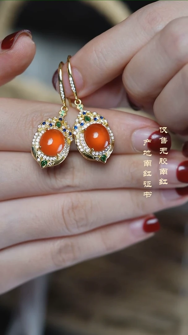 银S925镀金镶嵌南红玛瑙耳饰冰红@@925Y0132