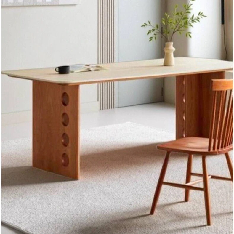 【西海岸洞石餐桌】中古风岩板餐桌家用饭桌樱桃木工作台餐桌