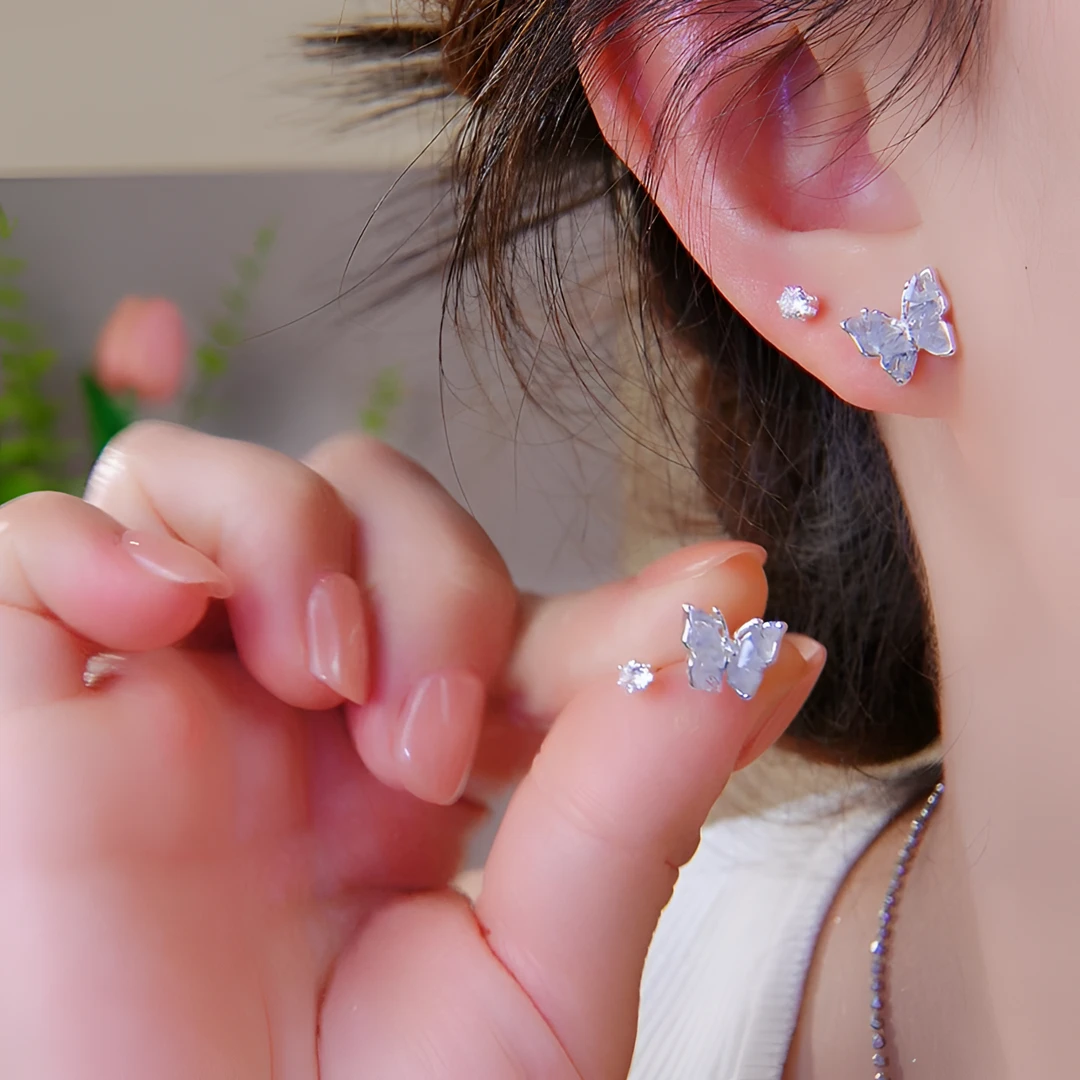 铜合金耳饰 925银针蓝色蝴蝶耳钉小清新小巧耳钉小众设计感轻奢