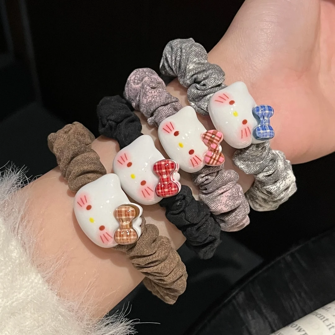 可爱格纹KT猫发圈复古气质少女马尾扎头皮筋简约百搭日韩小肠发绳