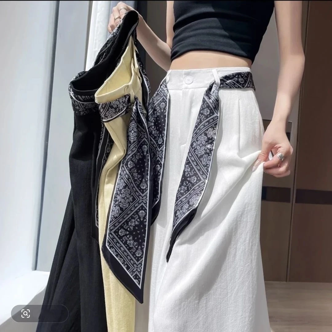 【破价】冰丝阔腿裤女秋季丝巾飘带高腰棉麻薄款2025新款