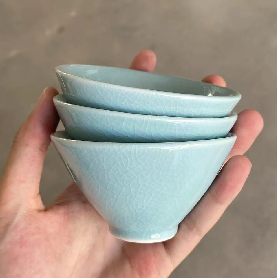 汝窑功夫茶杯开片可养陶瓷品茗杯单杯主人杯茶盏茶具茶碗三个装