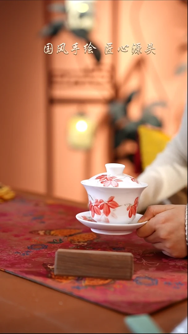 陶瓷景德镇高温釉中彩餐具（无毒无铅无镉）孤品款 三才盖碗