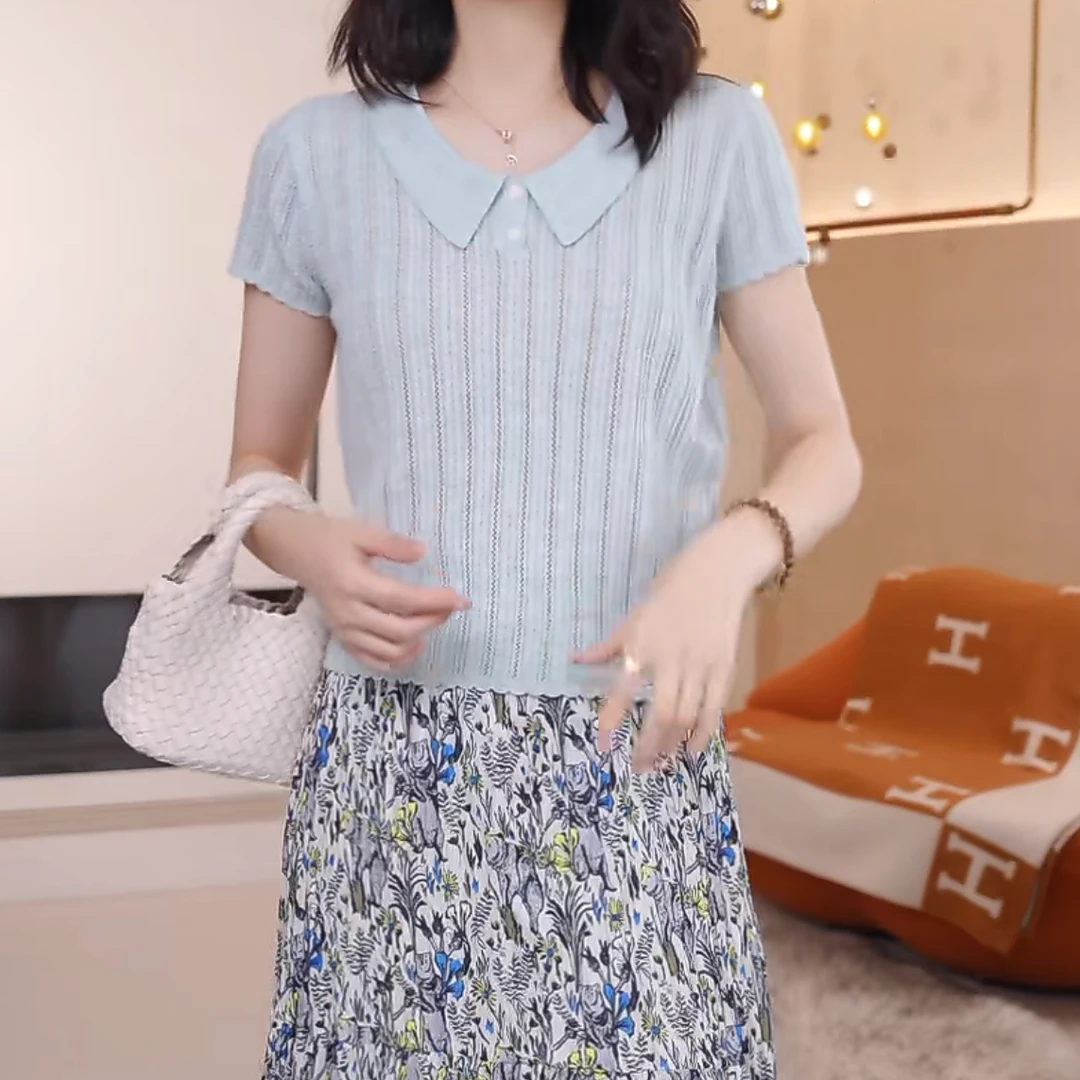 欧若风设计感小翻领短袖针织衫2025新款夏季轻奢气质显瘦毛织上衣