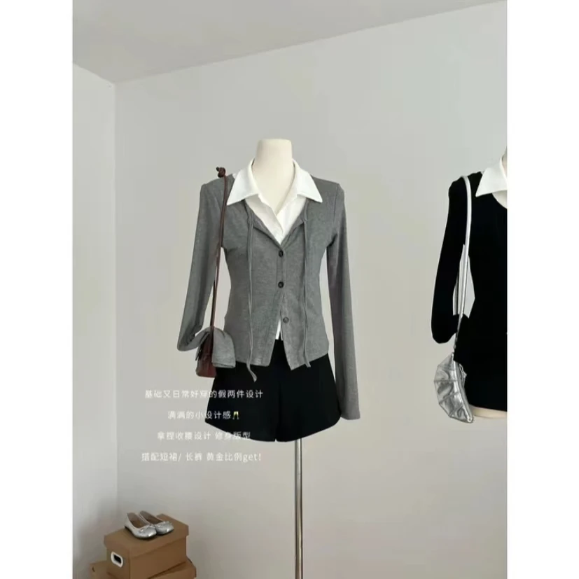 【素雅韩妹】早秋显瘦假两件气质设计感修身翻领长袖上衣