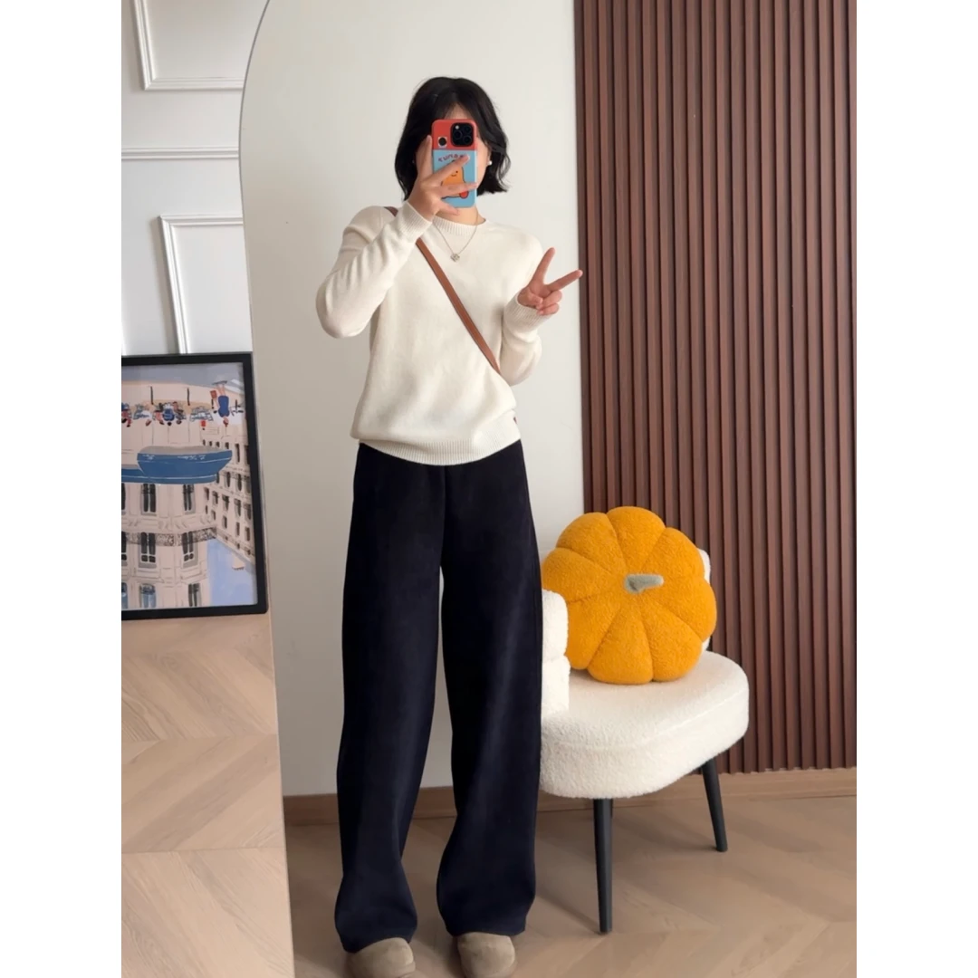 「雪绒牛仔」冬季加绒松紧腰防褪色直筒牛仔裤宽松显瘦女C0649