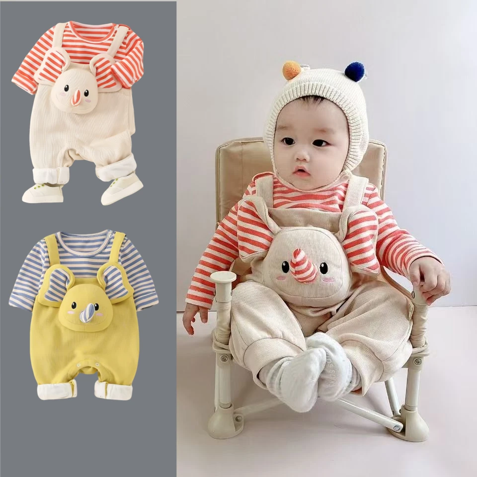 春秋款糖果大象哈衣婴幼儿可爱萌系单层男女宝条纹套头连体衣爬服