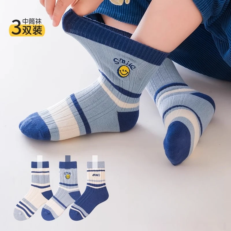 D155儿童防臭防脚气棉袜袜子秋季新款男孩子中筒袜女宝宝条纹潮袜