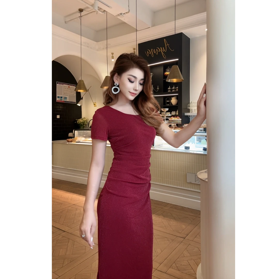 9802【古丽店铺】圆领网纱纯色高级时尚通勤日常宴会女装连衣裙