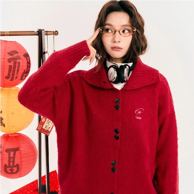 F426国潮牌春季限定新款红色针织开衫短款宽松休闲百搭毛衣6774