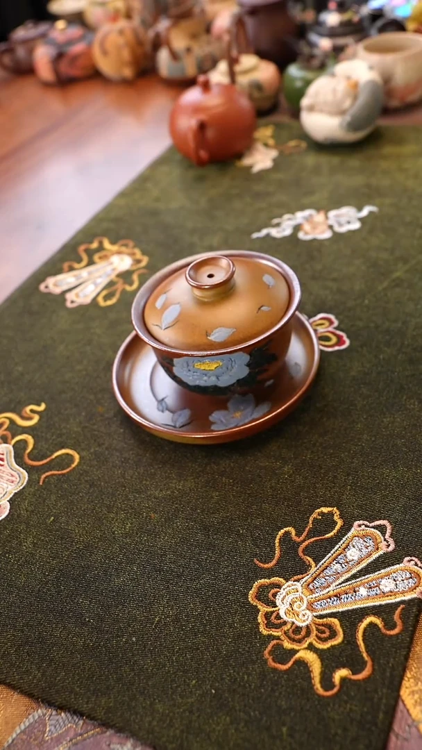 茶壶紫砂柴烧三才盖碗 蓝牡丹