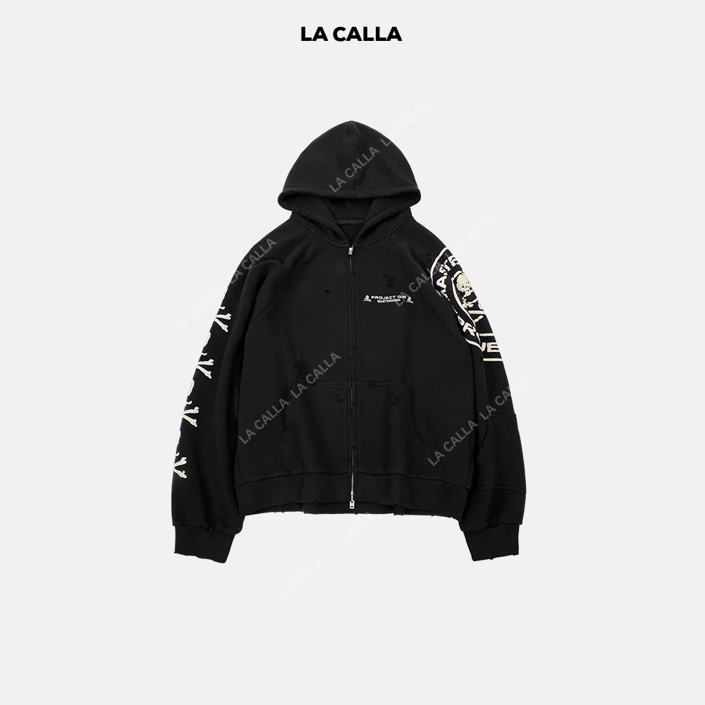 LA CALLA暗黑复古骷髅手工割破磨边连帽拉链卫衣外套YY-AV6932