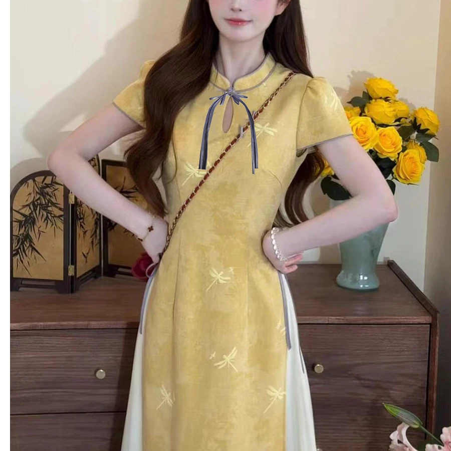 612-4#新中式蝴蝶结蜻蜓印花撞色拼接假两件旗袍裙