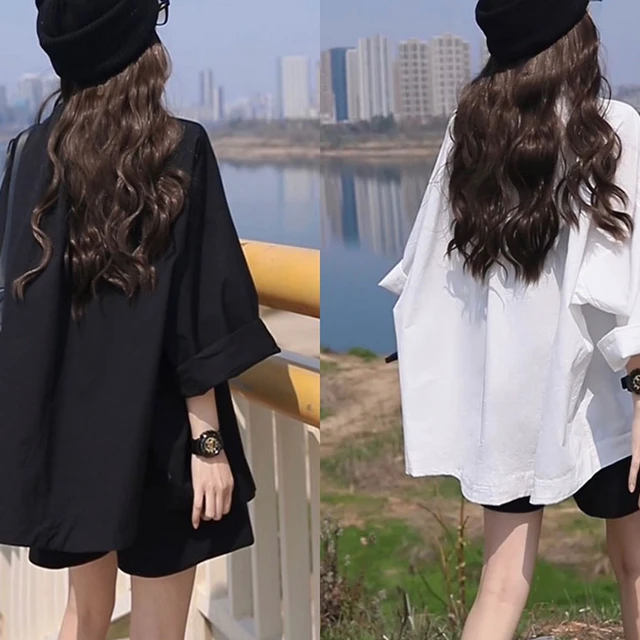 圆领宽松休闲白色衬衫上衣女夏季五一新款洋气显瘦中长款衬衣