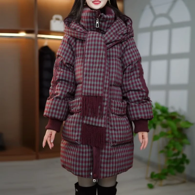 格纹立领羽绒服女冬季2025新款加厚保暖中长款白鸭绒休闲外套