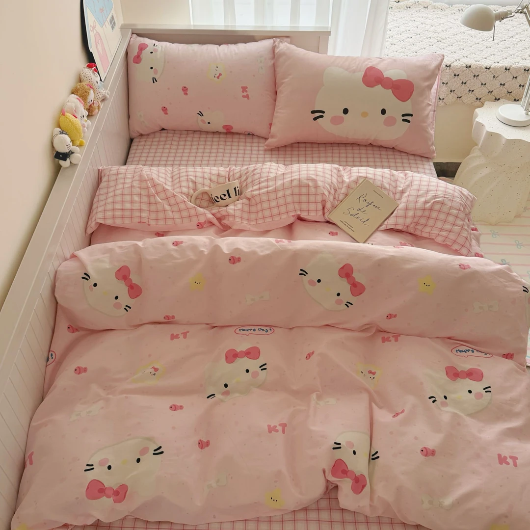 「卷卷」纯棉四季通用宿舍可爱KT猫咪床品100%棉四件套床单被套床笠