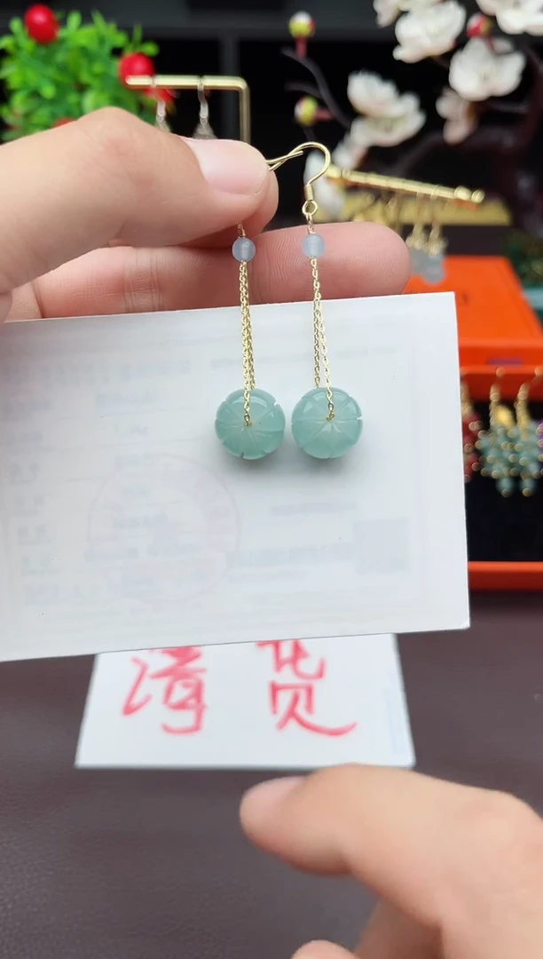 石英质玉（天山翠）银S925镶嵌耳饰F08