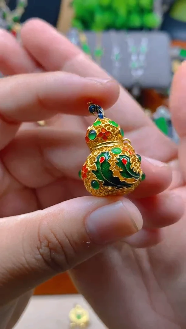 吊坠(不含链)银S925镶嵌翡翠花丝葫芦