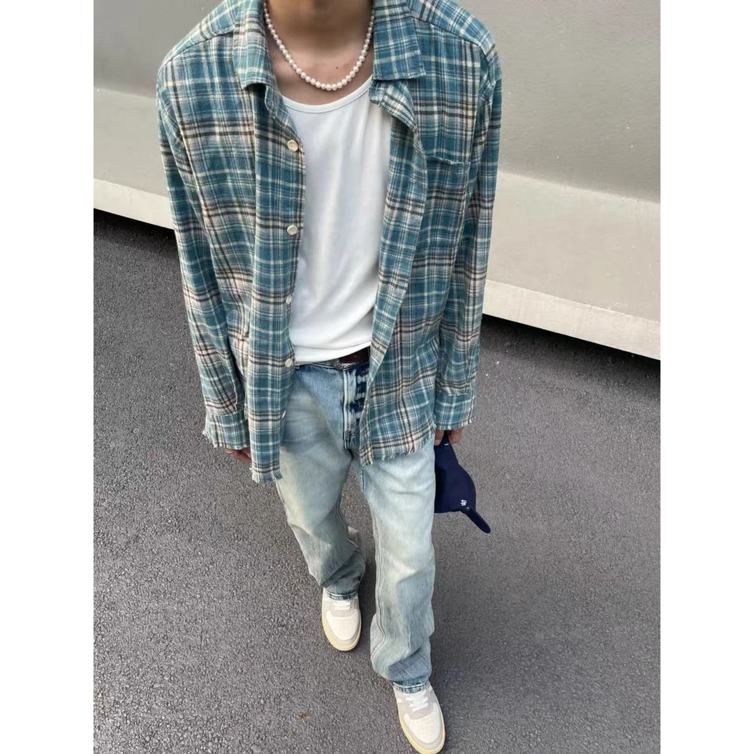 CHAOM 定制格纹法兰绒流苏破坏衬衫纯棉格子Cleanfit