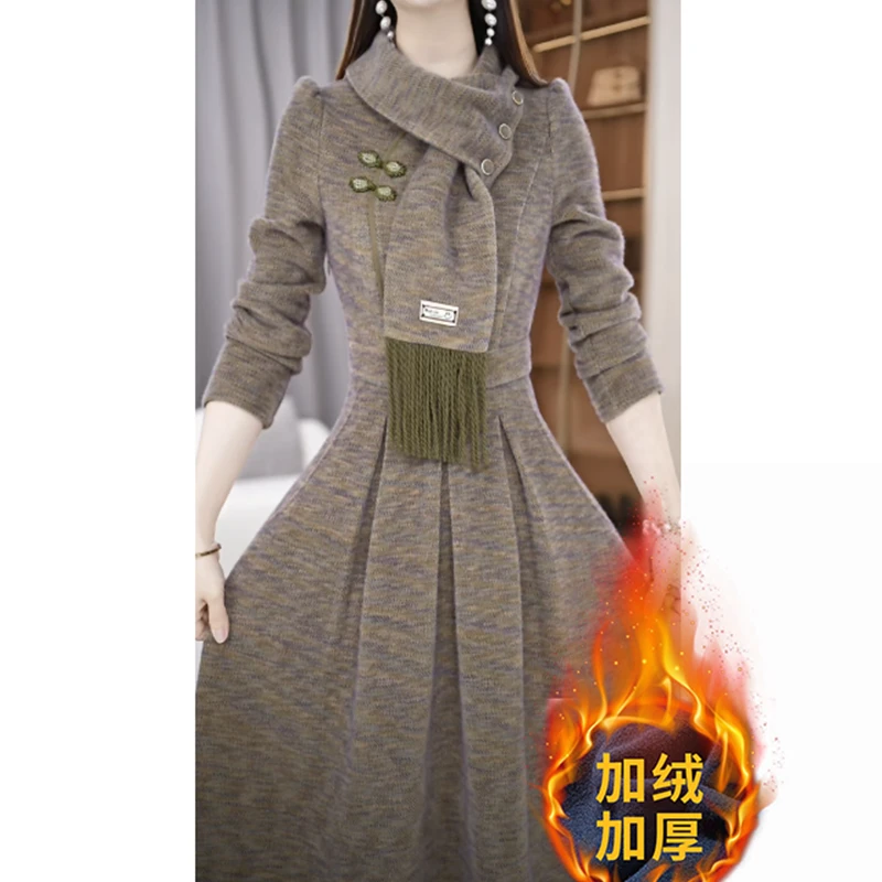 【连衣裙】冬季围巾领轻奢简约显瘦修身通勤中长款连衣裙M-4XL