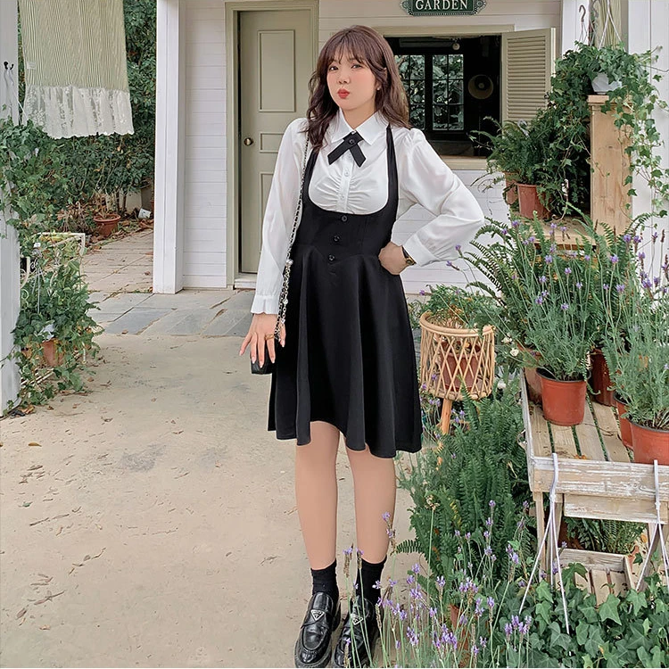YH-63666大码女装胖mm学院风衬衫上衣黑色减龄吊带裙两件套装春款