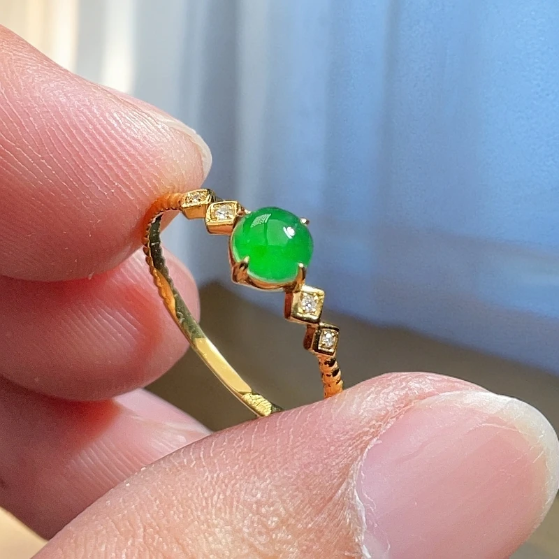 18K金天然翡翠A货-菱形麻花蛋面戒指K黄1180镶嵌钻石珠宝玉石高冰