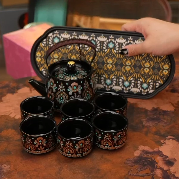 黑色金银错提梁壶一壶六杯带茶盘 A13770（ZH1774