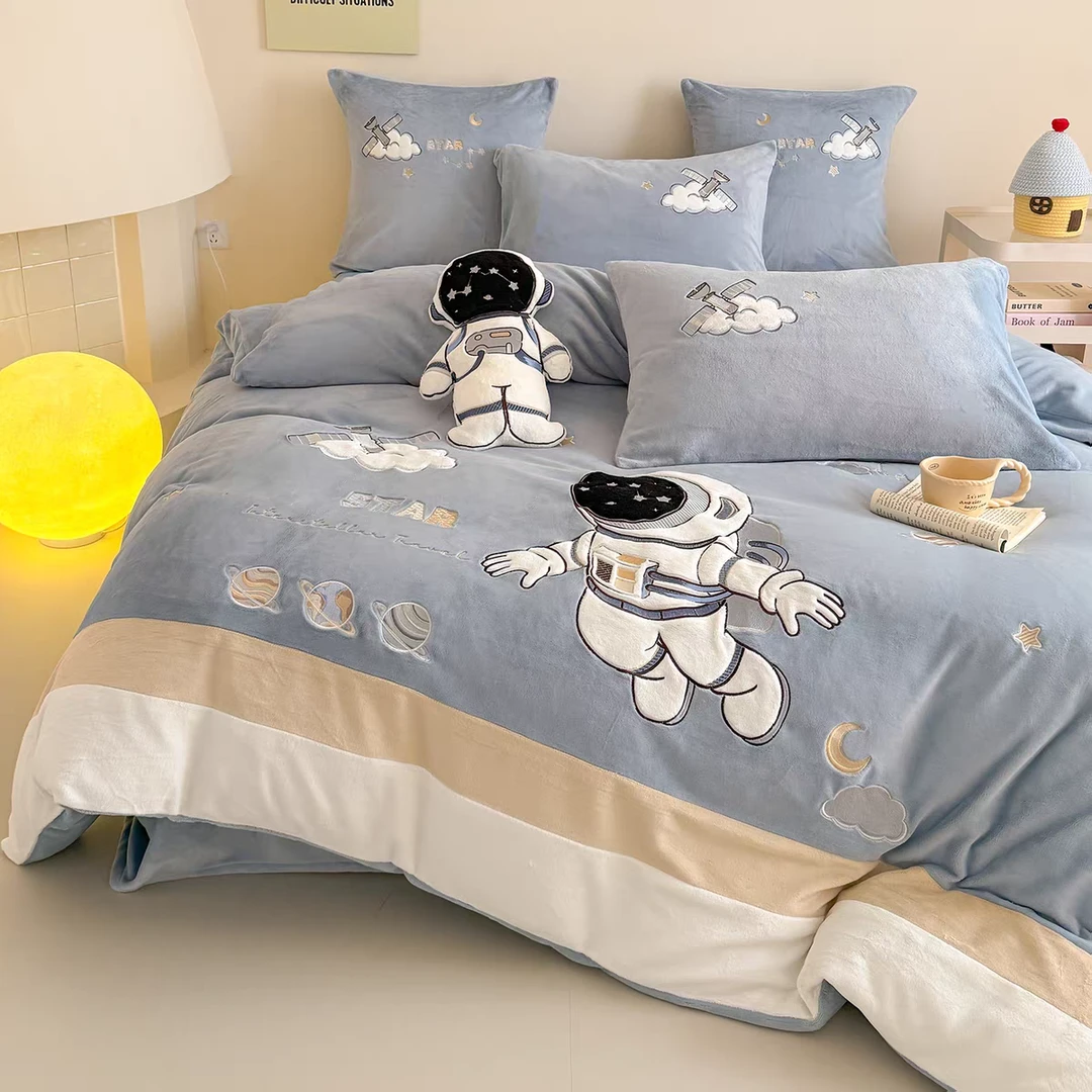 男孩冬季宇航员牛奶绒四件套加厚保暖卡通珊瑚绒被套床单儿童床品