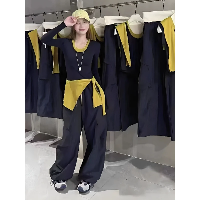 X239186-韩范气质休闲带披肩撞色T恤套装女宽松显瘦工装裤三件套