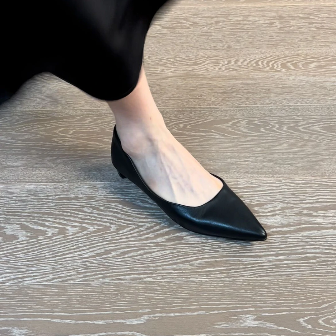 2.5CM头层牛皮尖头跟鞋舒适平底平底浅口妈妈鞋低跟浅口单鞋女鞋