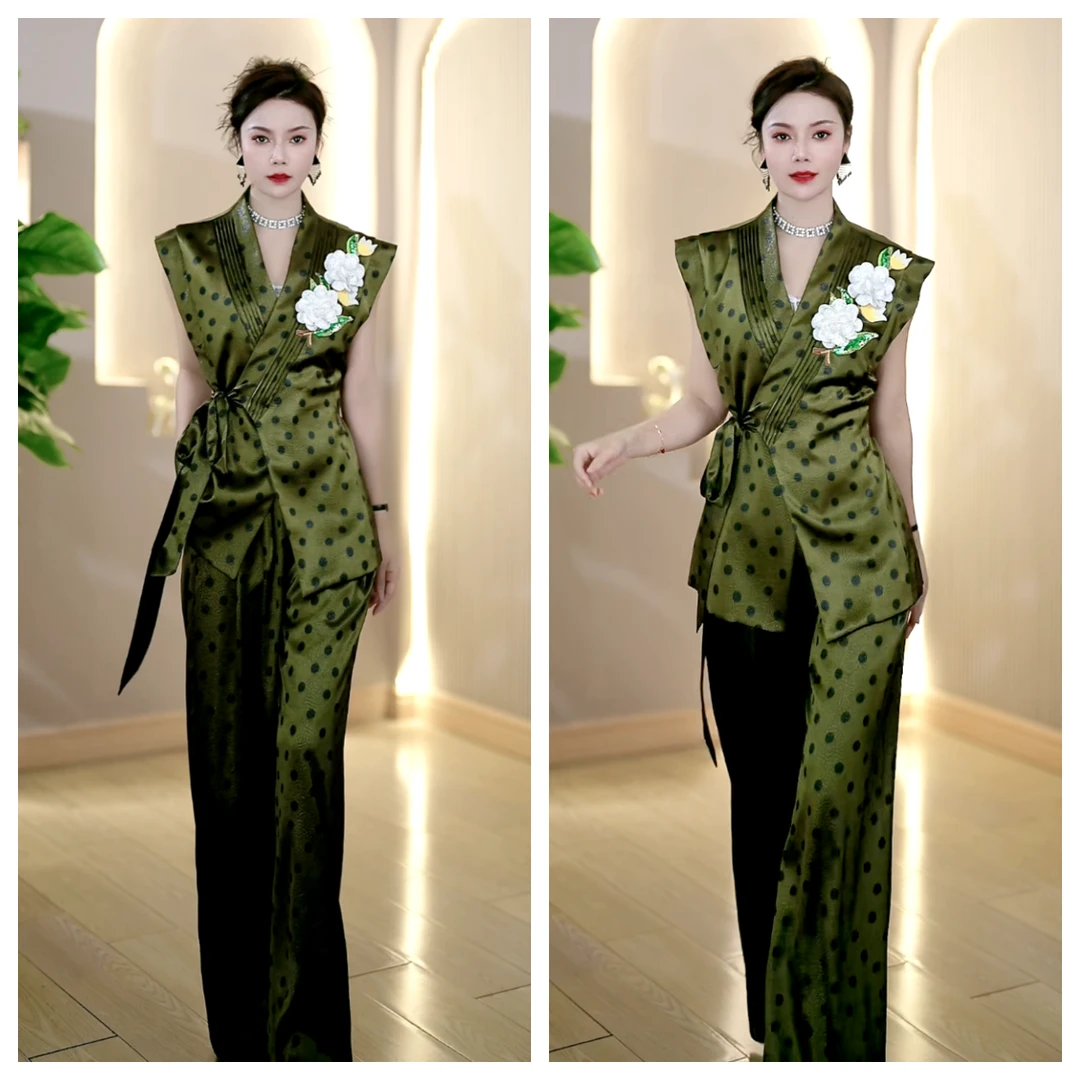 绿色休闲高腰马甲西装上衣休闲风垂感时尚套装时尚无袖直筒裤套装