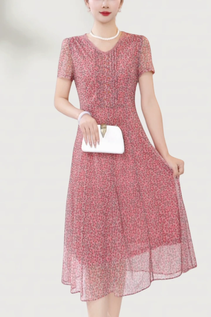 【妙莱芙蓉粉】新款宝岛纱夏季凉爽透气V领中老年妈妈装气质连衣裙