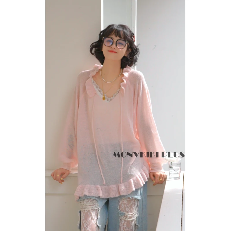 MoNvKiKiPlus2“茉莉“马海羊毛荷叶边宽松纯欲轻熟微透毛衣#1013