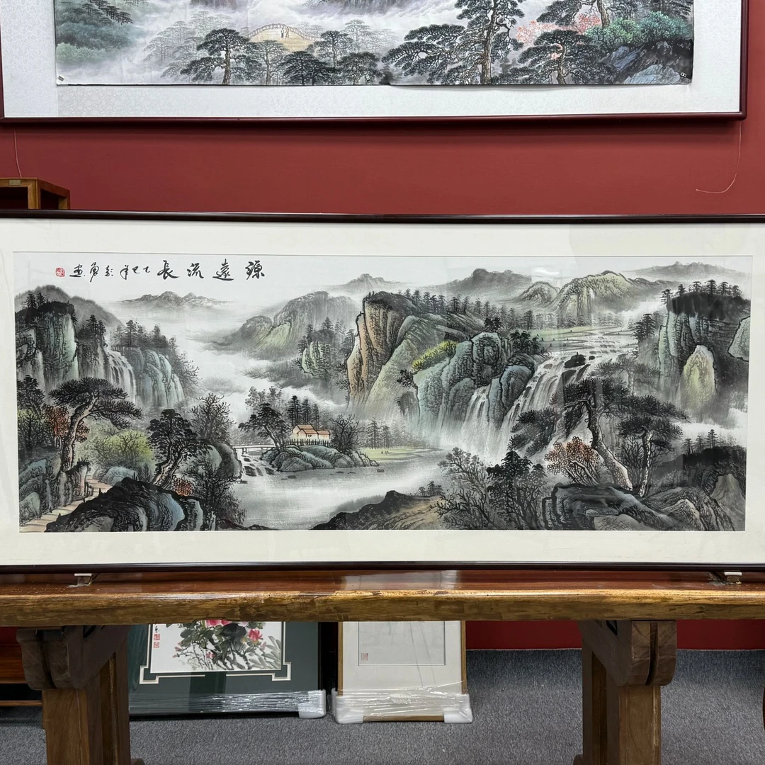 手绘《源远流长》山水画适合房间卧室客厅沙发背景墙装饰